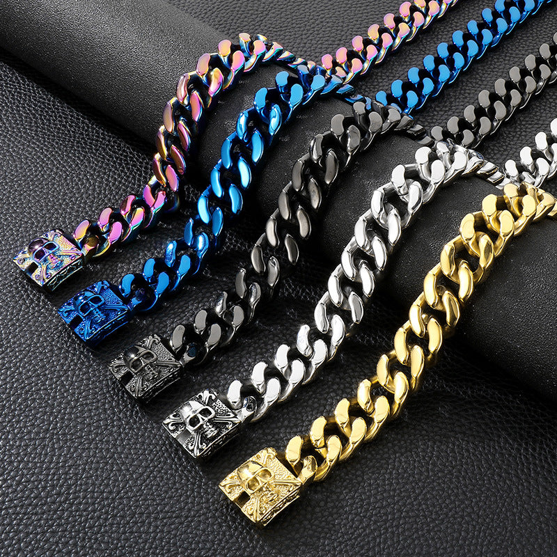 Bold Titanium Steel Skull Necklace - Retro Double-Sided Polished Cuban Chain for Men