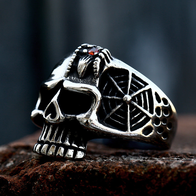 Retro Titanium Steel Skull Ring with Gemstone Inlay for Men