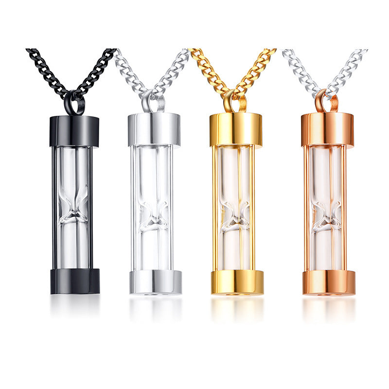 Stainless Steel Glass Hourglass Urn Pendant Necklace for Men