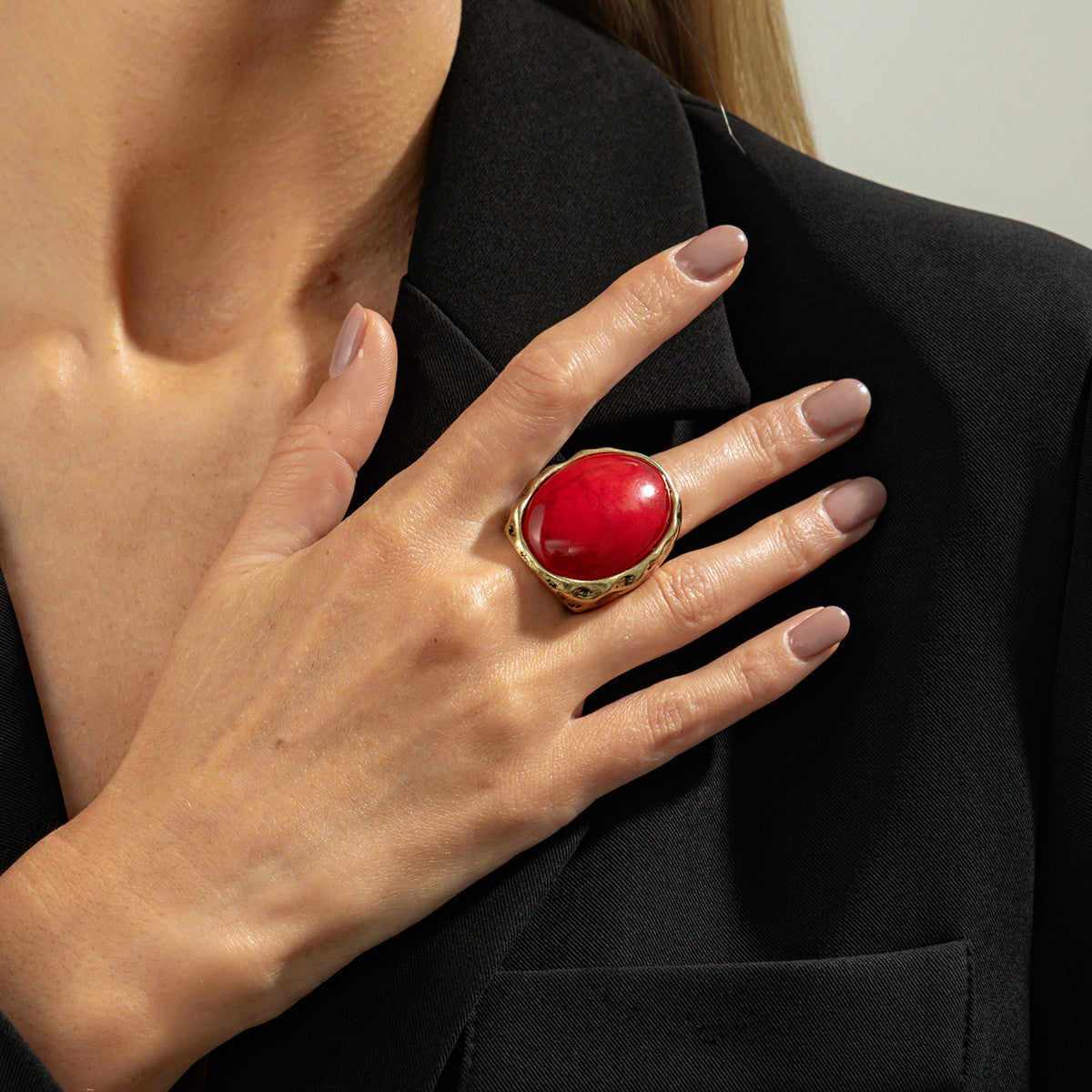 Planderful Vienna Verve Retro Redstone Oval Ring Wide Face Statement Jewelry For Women