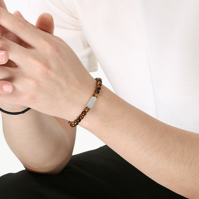 Stylish Stainless Steel Square Volcanic Stone Bracelet – Tiger's Eye Stone Matte Bead