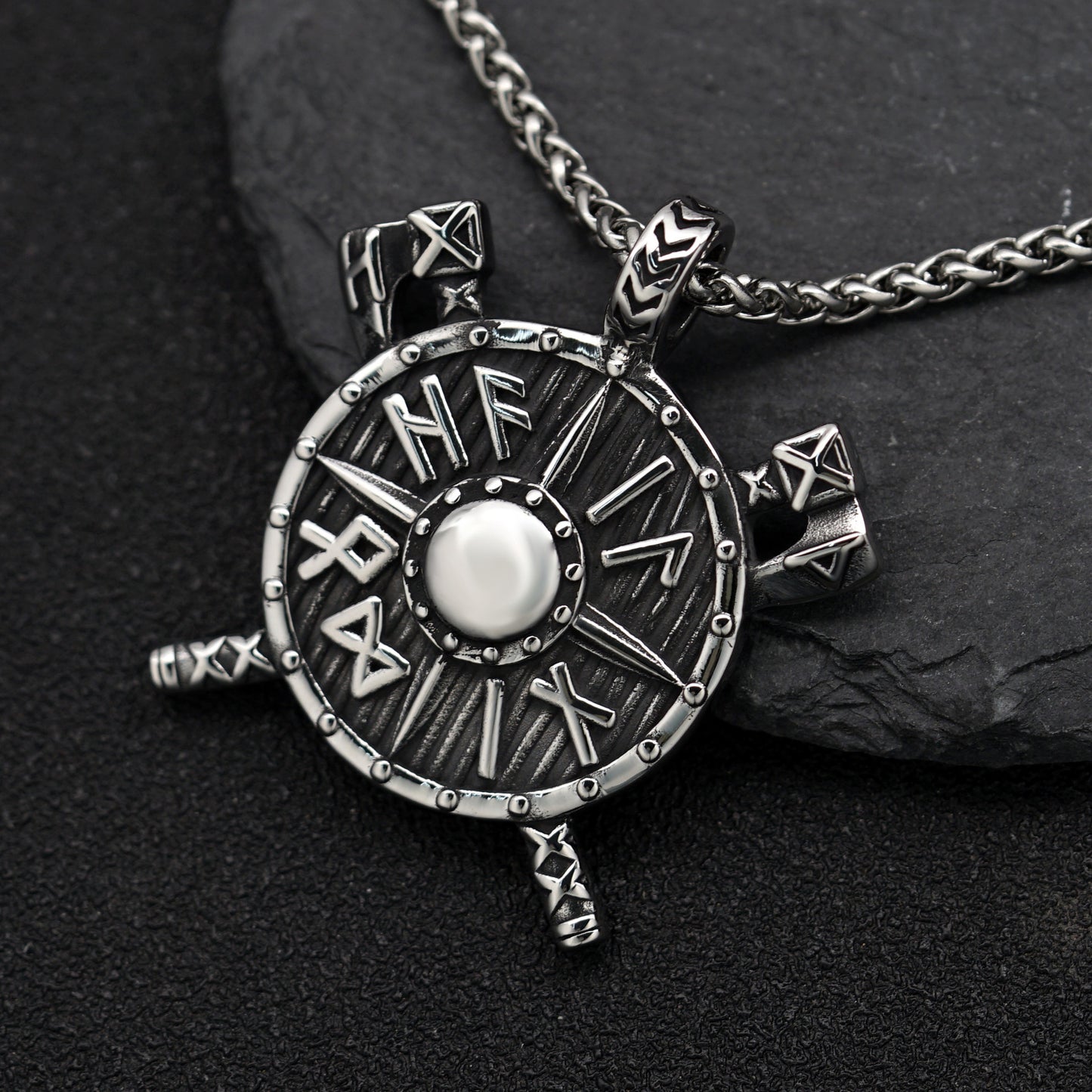 Steel Necklace - Vintage Viking Shield Pendant For Men By Planderful Everyday Genie Collection