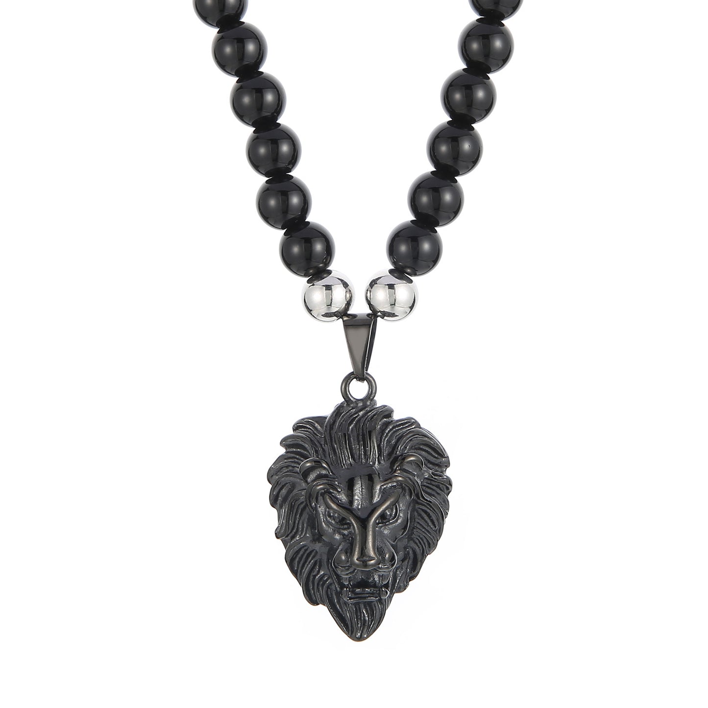 Retro Stainless Steel Men's Necklace with Black Agate Buddha Bead and Vacuum Electroplated Lion Head Pendant