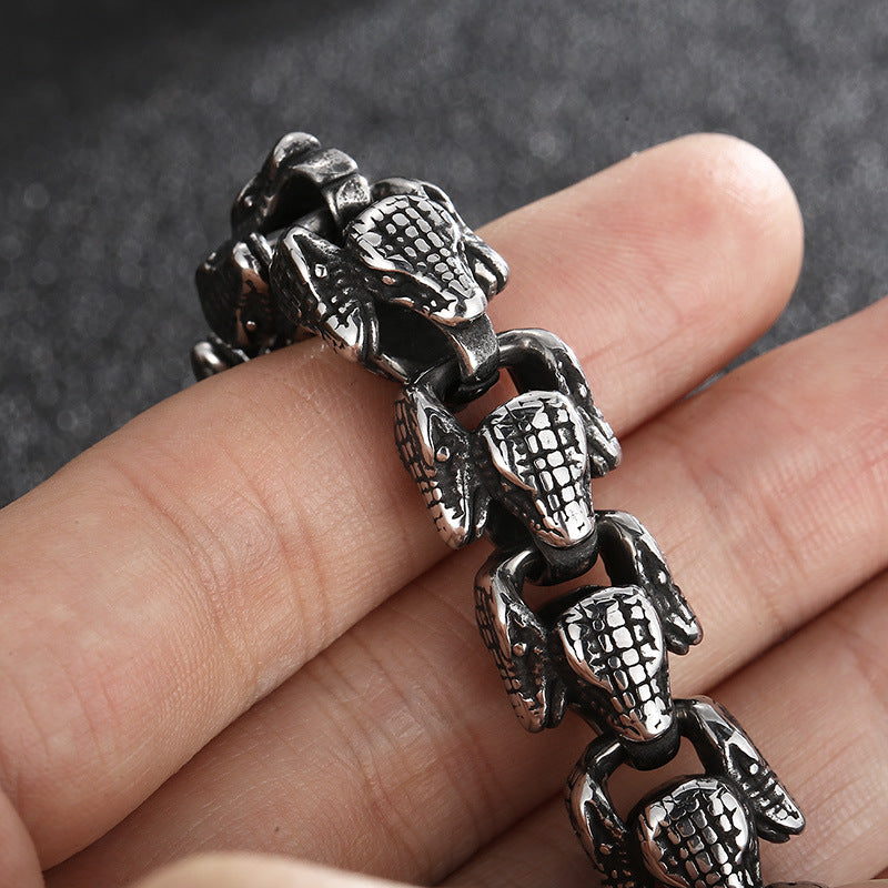 Animal Punk Style – Old Titanium Steel Men's Layered Snakehead Bracelet