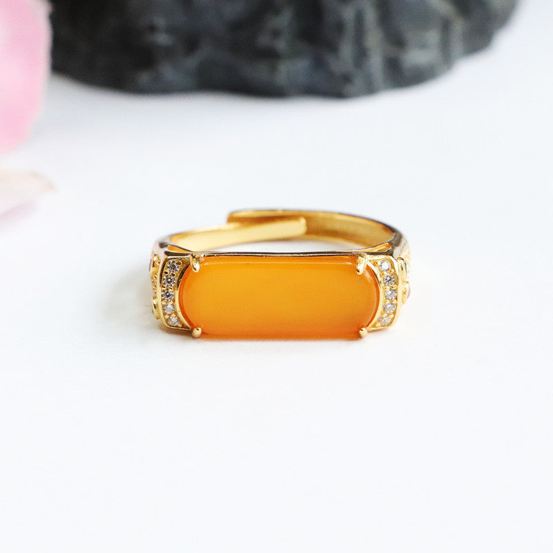 Sterling Silver Adjustable Beeswax Amber Saddle Zircon Ring with Natural Old Material