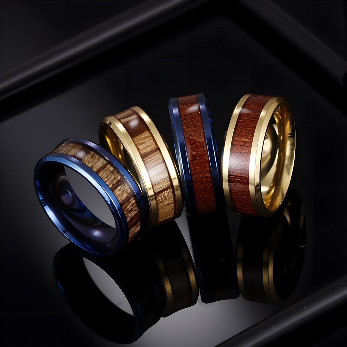 Planderful Everyday Genie Teak Inlaid Titanium Steel Couple Ring Unisex Durable Wedding Band