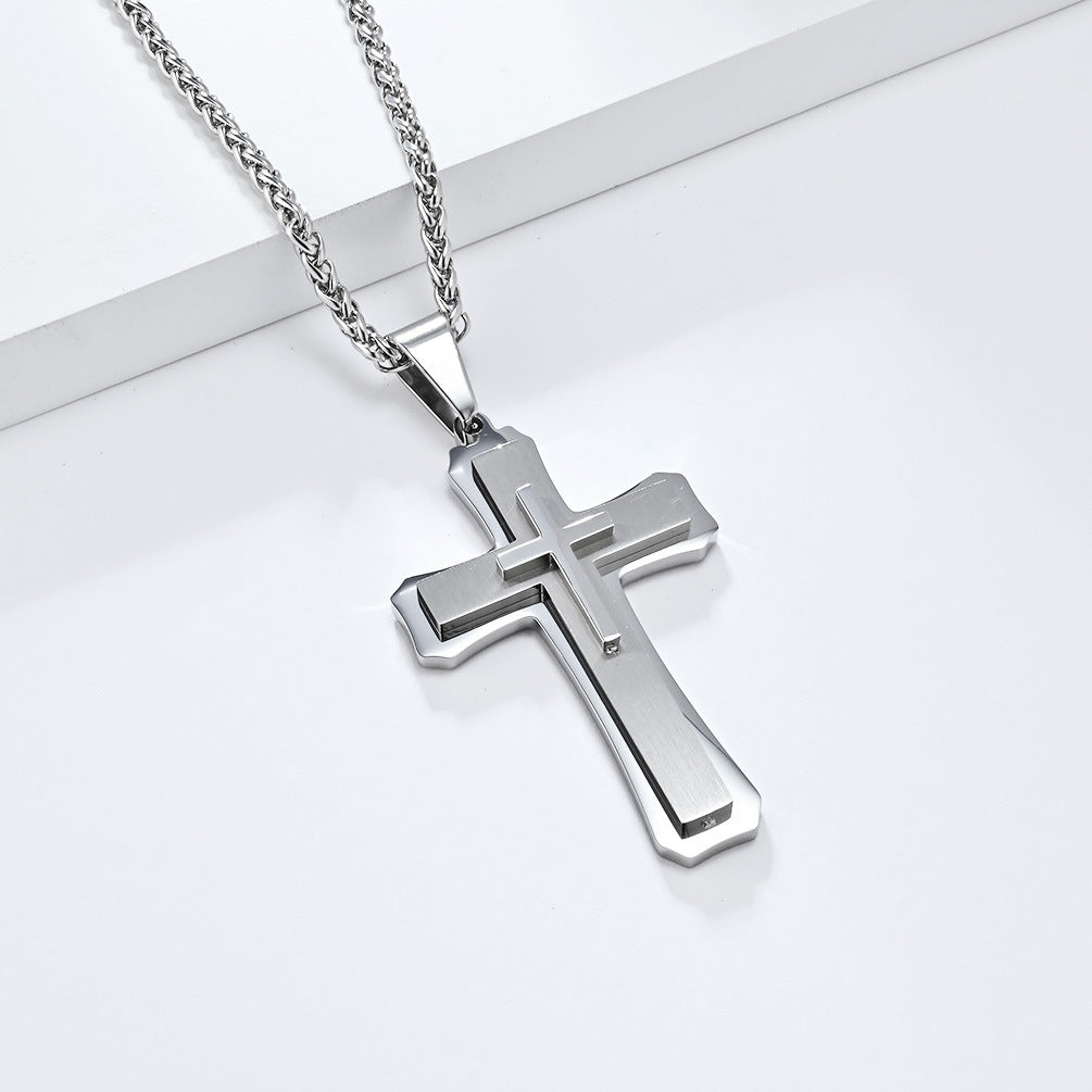 Three-Layer Titanium Steel Cross Pendant Necklace for Men