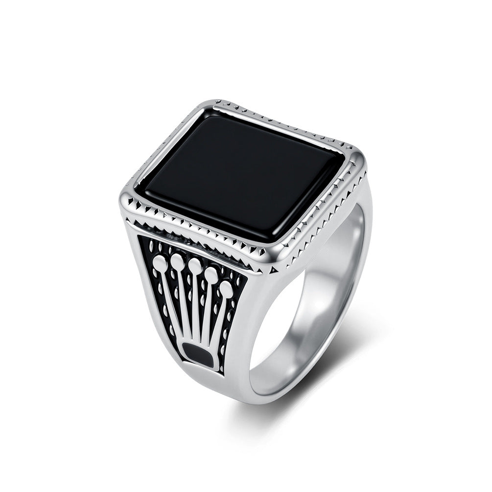 Crown Men's Stainless Steel Ring Square Glass Gemstone Seal Stainless Steel Men's
