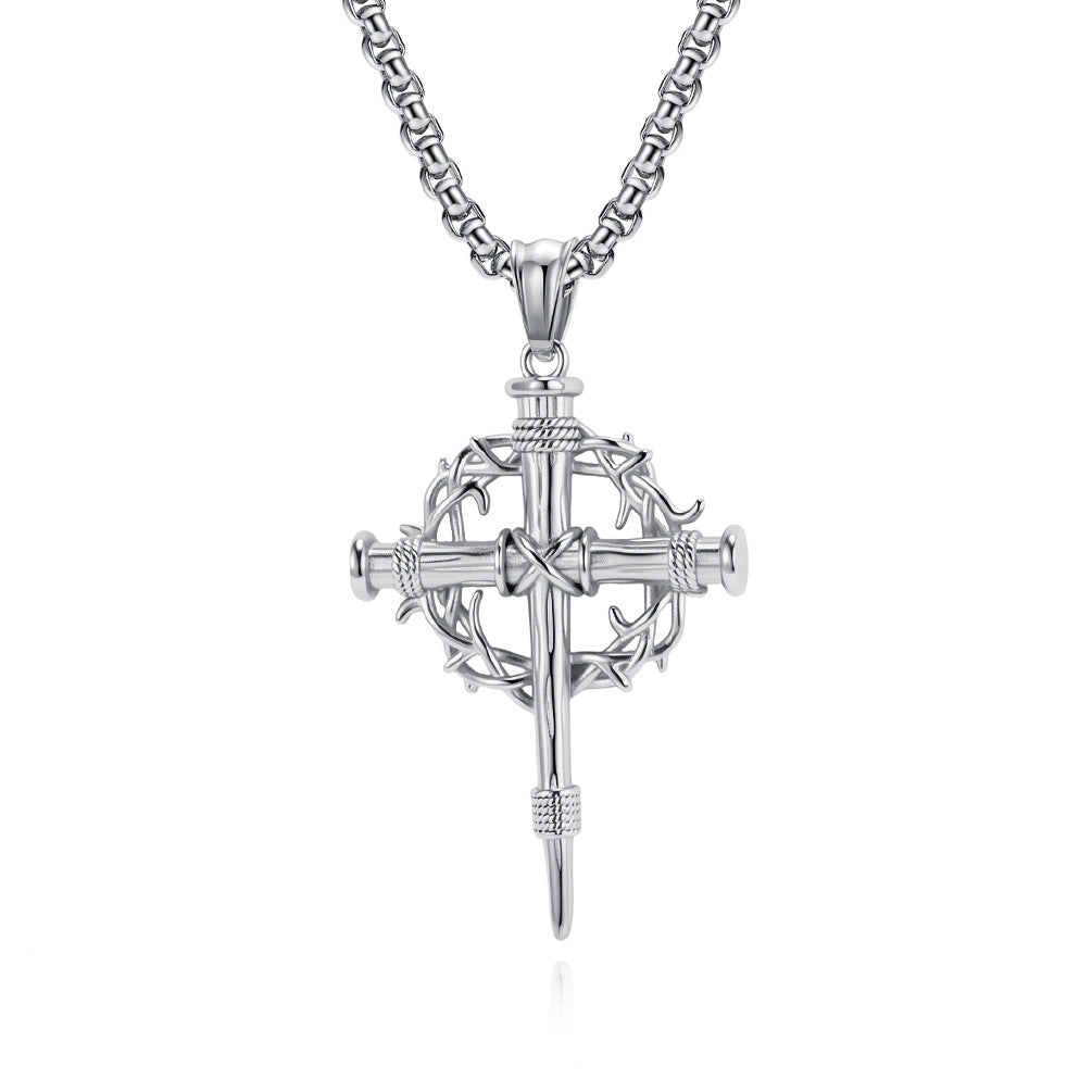 Steel Necklace – Statement Cross Pendant With Thorn Wreath Design For Hipster Street Style