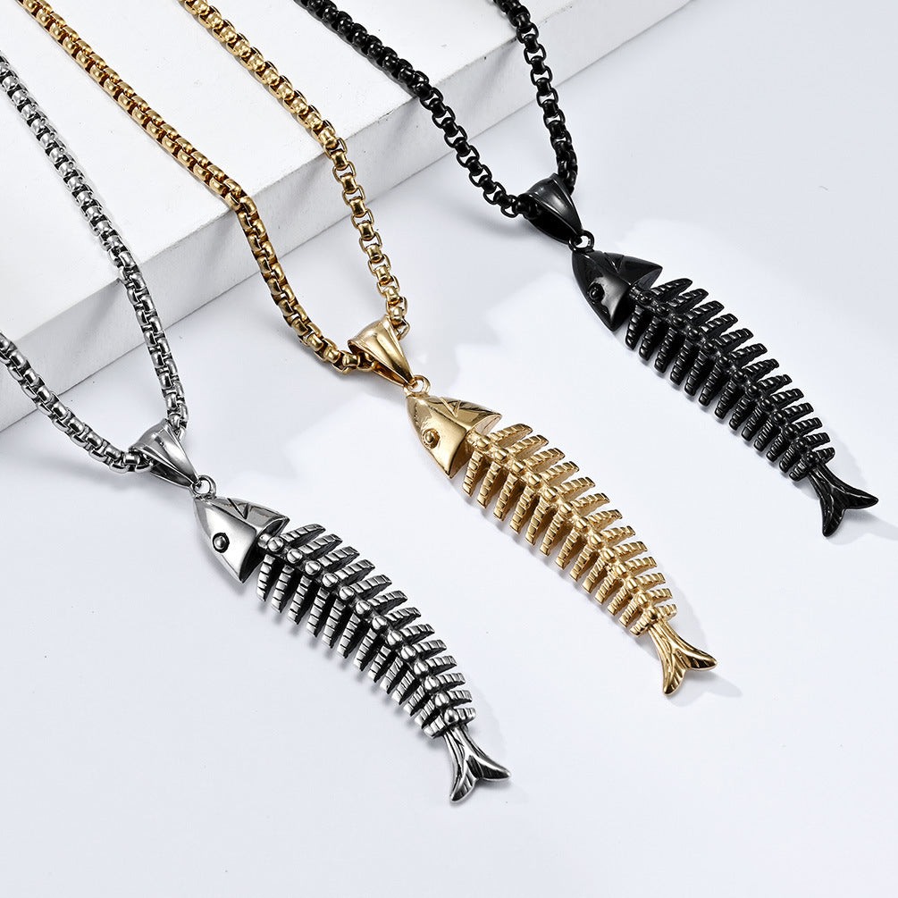 Planderful Fish Bone Necklace Unisex Titanium Steel Pendant Versatile Street Style Hipster Jewelry