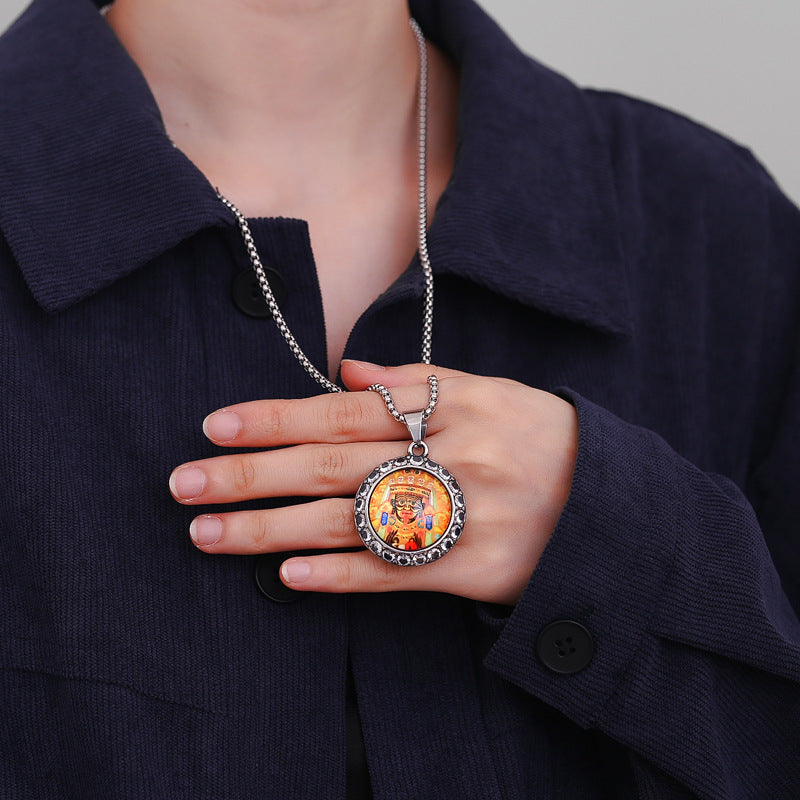Steel Necklace - Elegant Chinese Amulet Pendant With Zircon Inlay Temple Fair Style