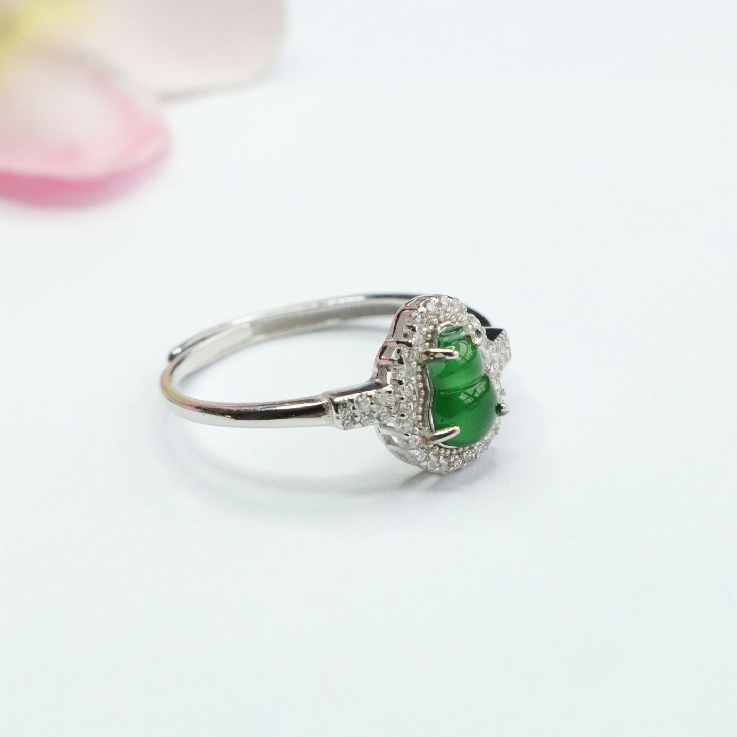 Sterling Silver Adjustable Imperial Green Jade Gourd Ring with Zircon Halo