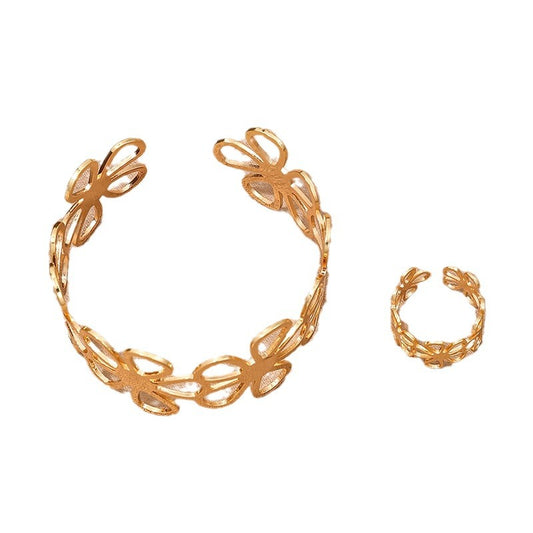 Openwork Flower Design Metal Jewelry Set for Women - Bracelet and Ring Duo