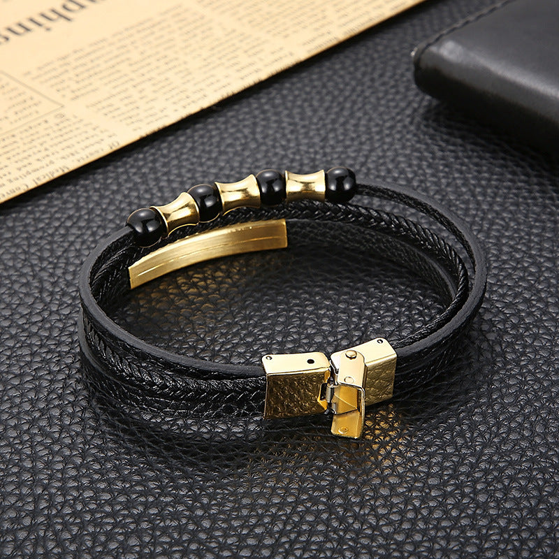 Planderful Mens Stainless Steel Braided Leather Bracelet