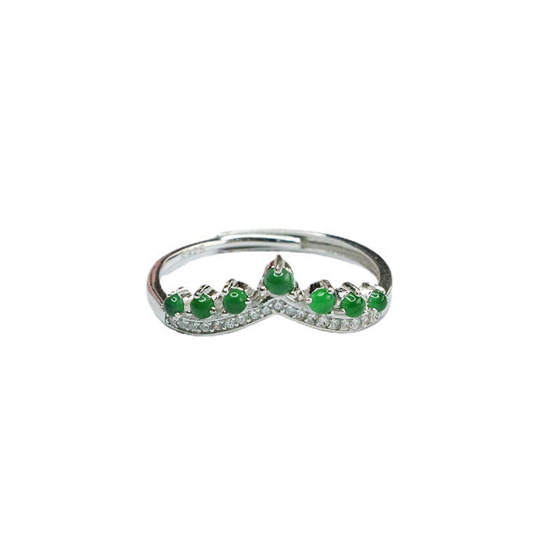 Sterling Silver Adjustable Ice Emperor Green Jade Crown Ring