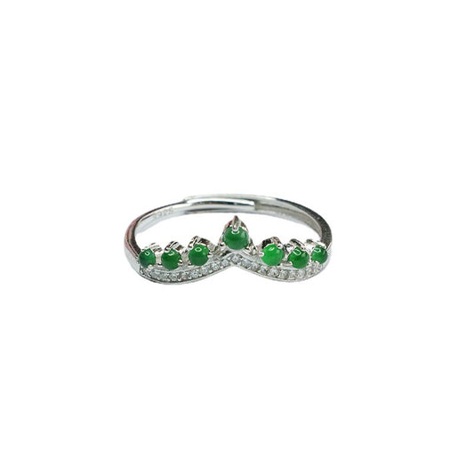 Sterling Silver Adjustable Ice Emperor Green Jade Crown Ring