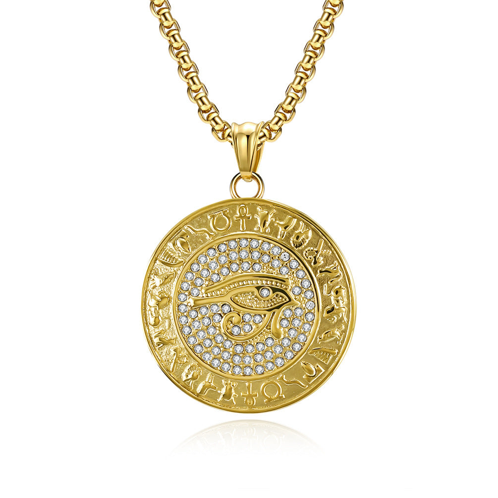 Eye Of Horus Necklace By Planderful Zircon Studded Ankh Symbol Jewelry In Titanium Steel For Hip Hop Fashion Fans