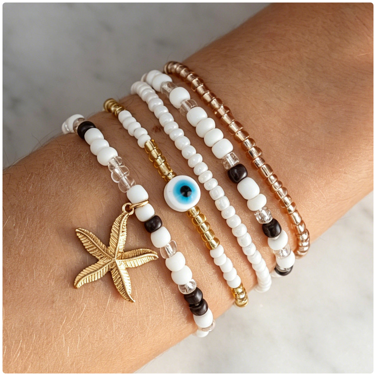 Devil'S Eye Colored Rice Bead Elastic Bracelet Bohemian Starfish Stacked With Beaded