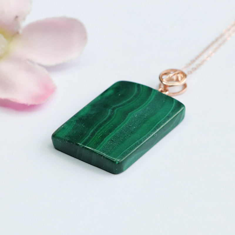 Malachite Square Peace Plaque Silver Pendant — No Chain