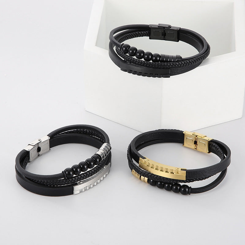 Planderful Mens Personalized Woven Leather Beaded Bracelet