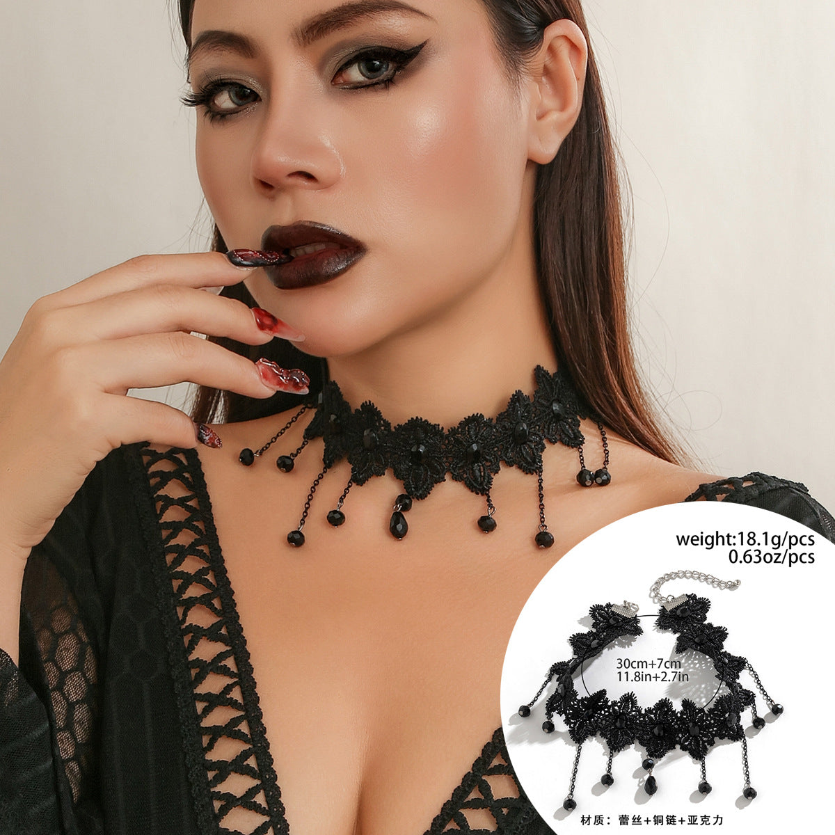 Gothic Lolita Necklace with Tassel Detail and Lace Collar