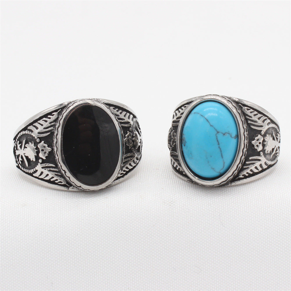 Planderful Everyday Genie – European and American Retro Men's Gemstone Titanium Steel Ring