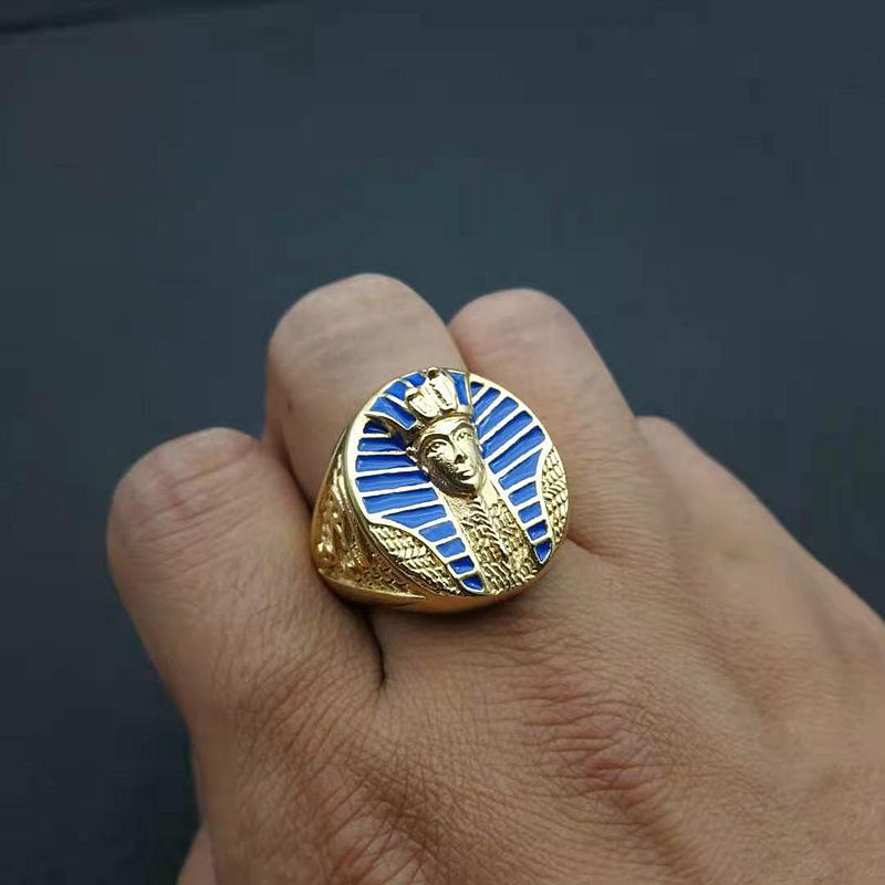 Planderful Titanium Steel Gold Plated Horus Eye Ring For Men Blue Gel Egyptian Pharaoh Symbol