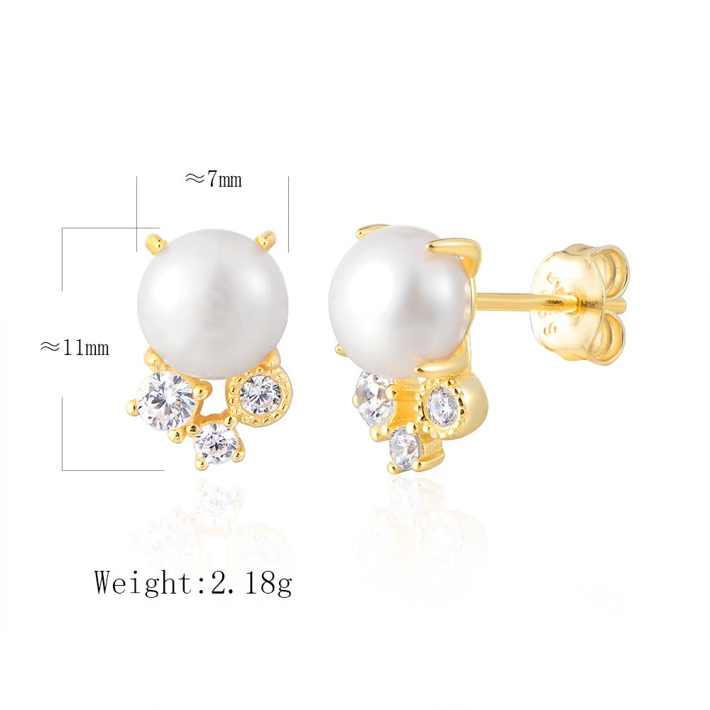 S925 Sterling Silver Natural Freshwater Pearl Stud Earrings Retro Zircon Earrings