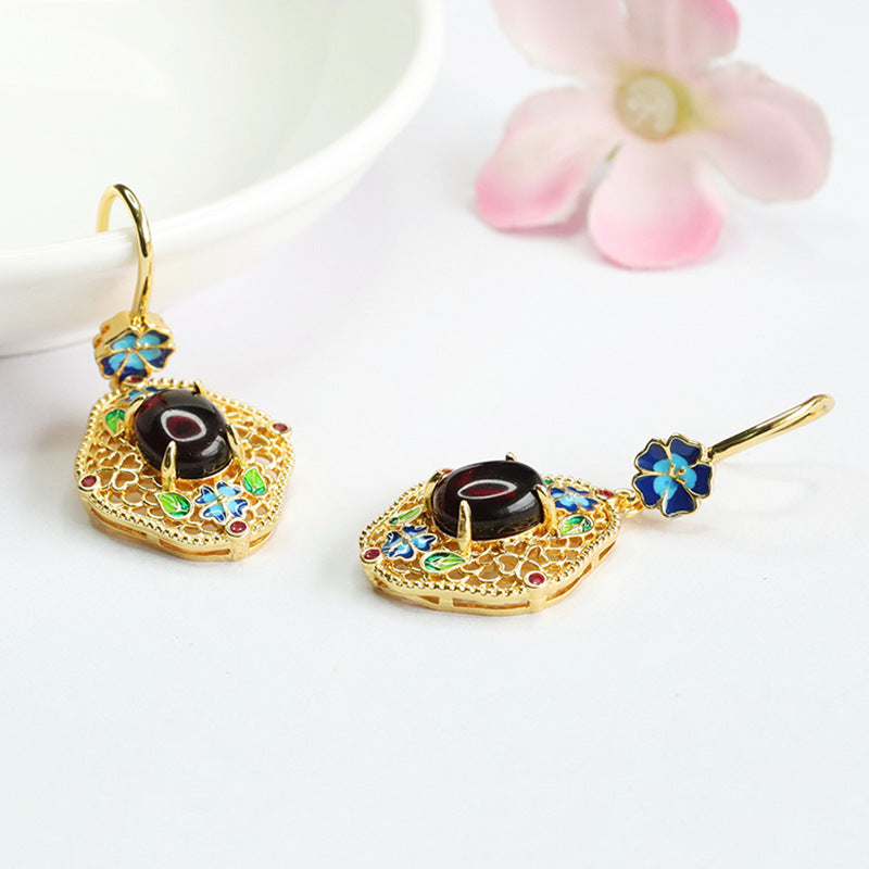 Blood Amber Enamel Floral Drop Earrings