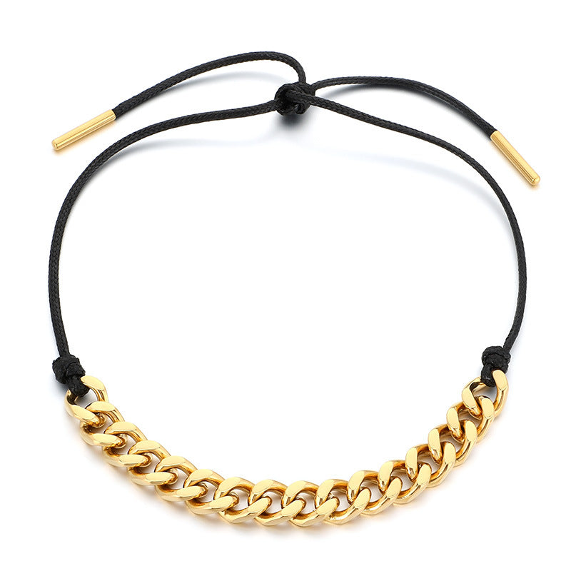 Vintage Necklace, Western Denim Black Wax Rope Splicing Cuban Chain, Long Adjustable Stainless