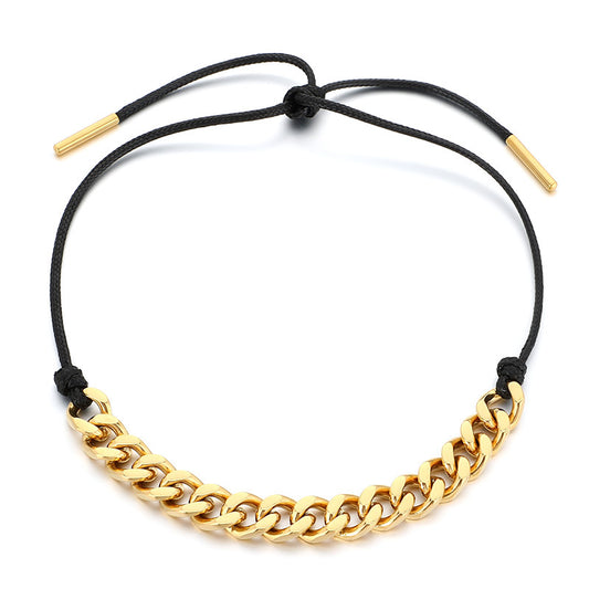 Vintage Necklace, Western Denim Black Wax Rope Splicing Cuban Chain, Long Adjustable Stainless