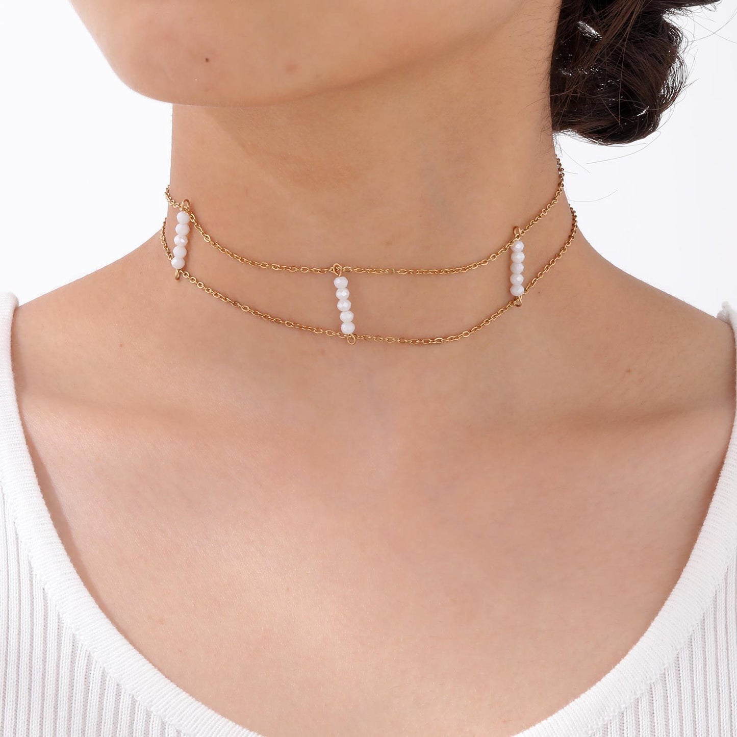 Chokers Stainless Steel Flat Cross Chain White Crystal Cut Beads Double Gold Necklace