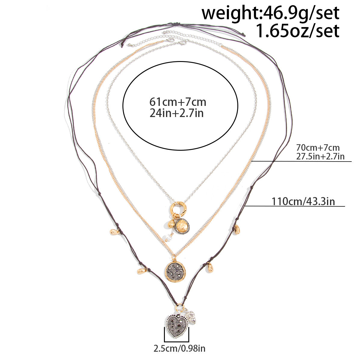 Stacked With Retro Love-Shaped Slightly Inlaid Zircon Necklace Western Wind Old Water