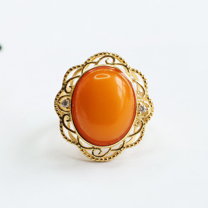 Hollow Flower Sterling Silver Amber Ring with Natural Beeswax