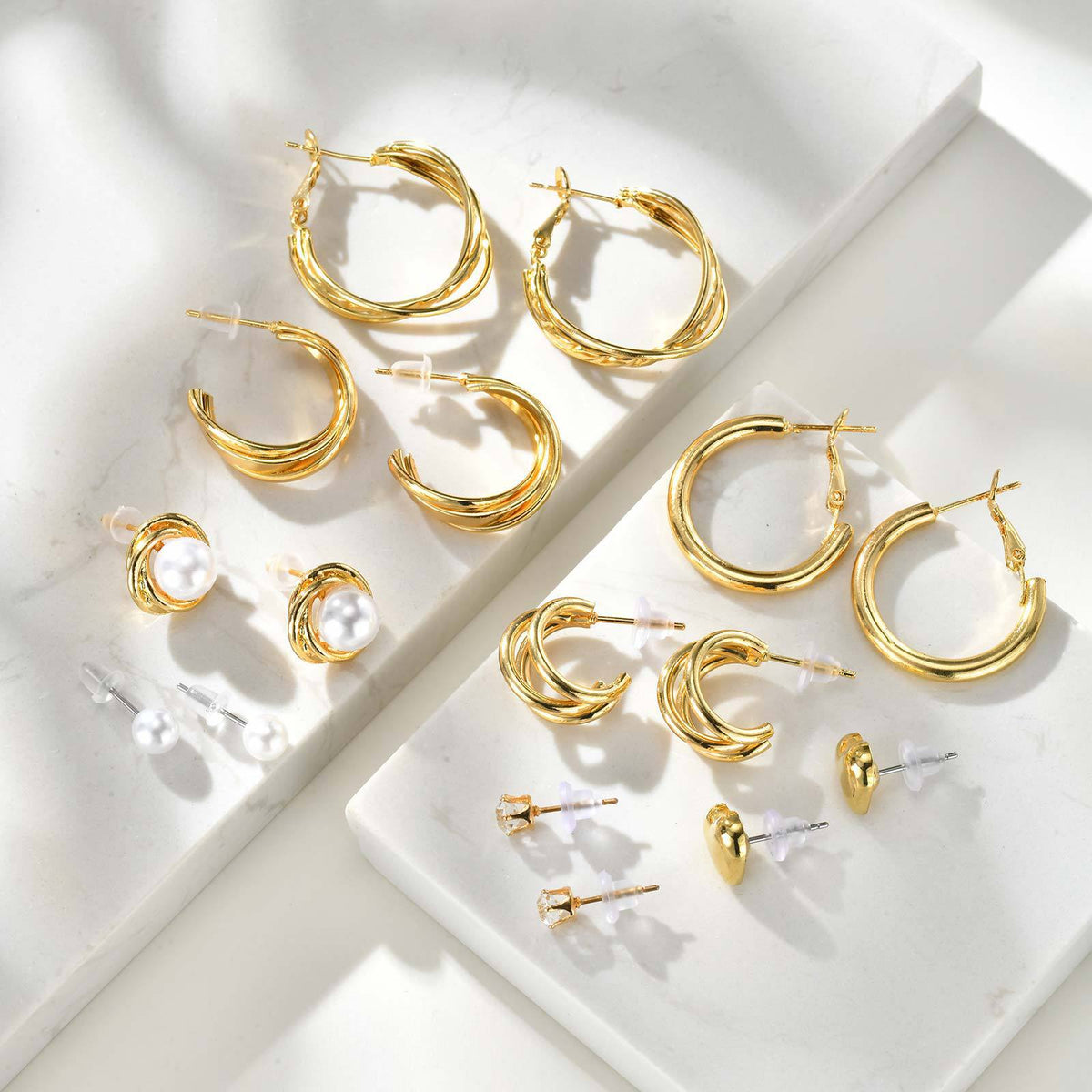 Zircon & Pearl Heart Earring Set — Four Pieces