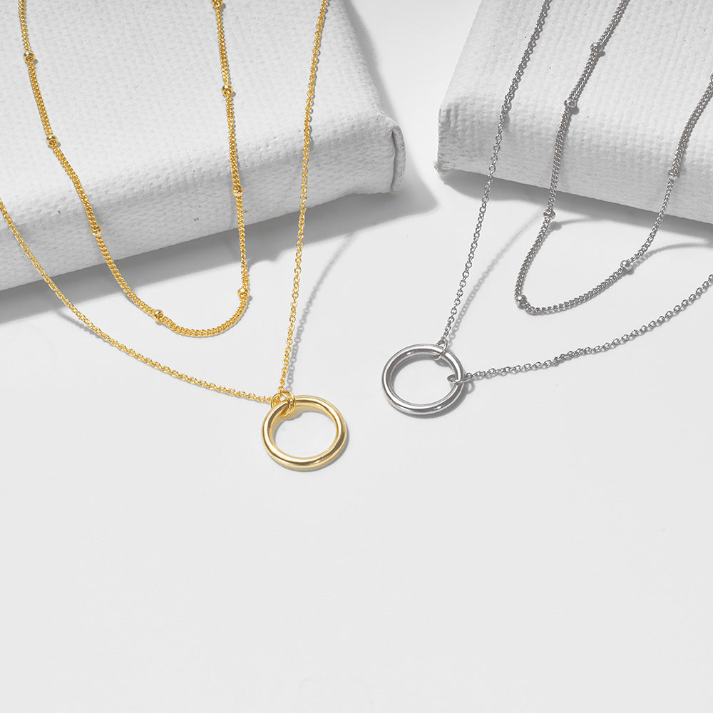 S925 Sterling Silver Ring Double-Layer Necklace Style Geometric Circle Stacked