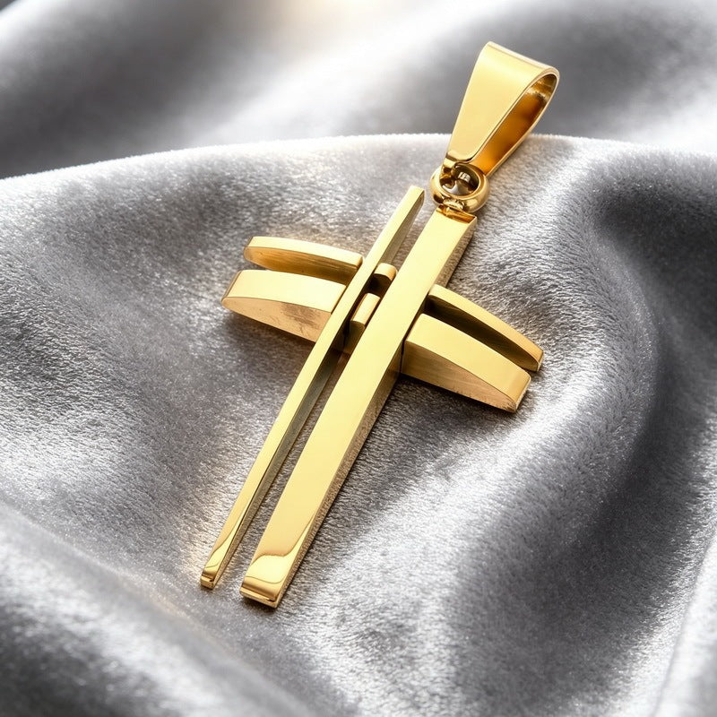 Niche Simple Pendant, Mixed Color Double-Layer Dislocation Hollow Cross Stainless Steel Men's Pendant Necklace