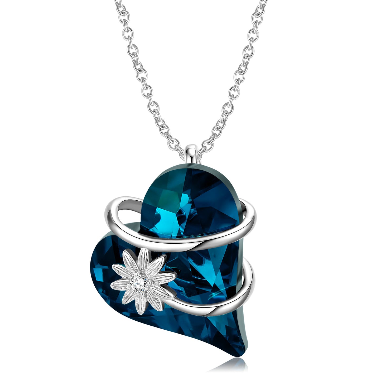 Heart Shape Blue Zircon Entangled Flower Silver Necklace