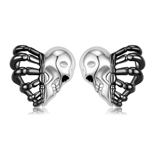 Halloween Skull Face and Rib Skeleton Silver Stud Earrings