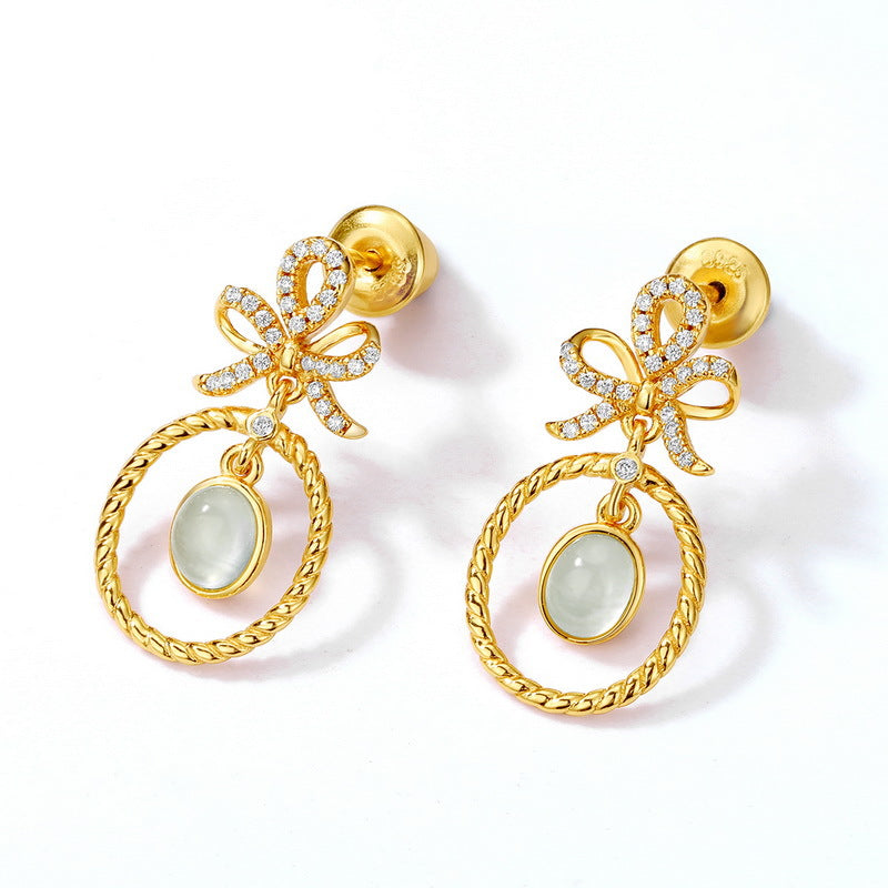 S925 Sterling Silver Gold-Plated Prehnite Vintage-Inspired Stud Earrings