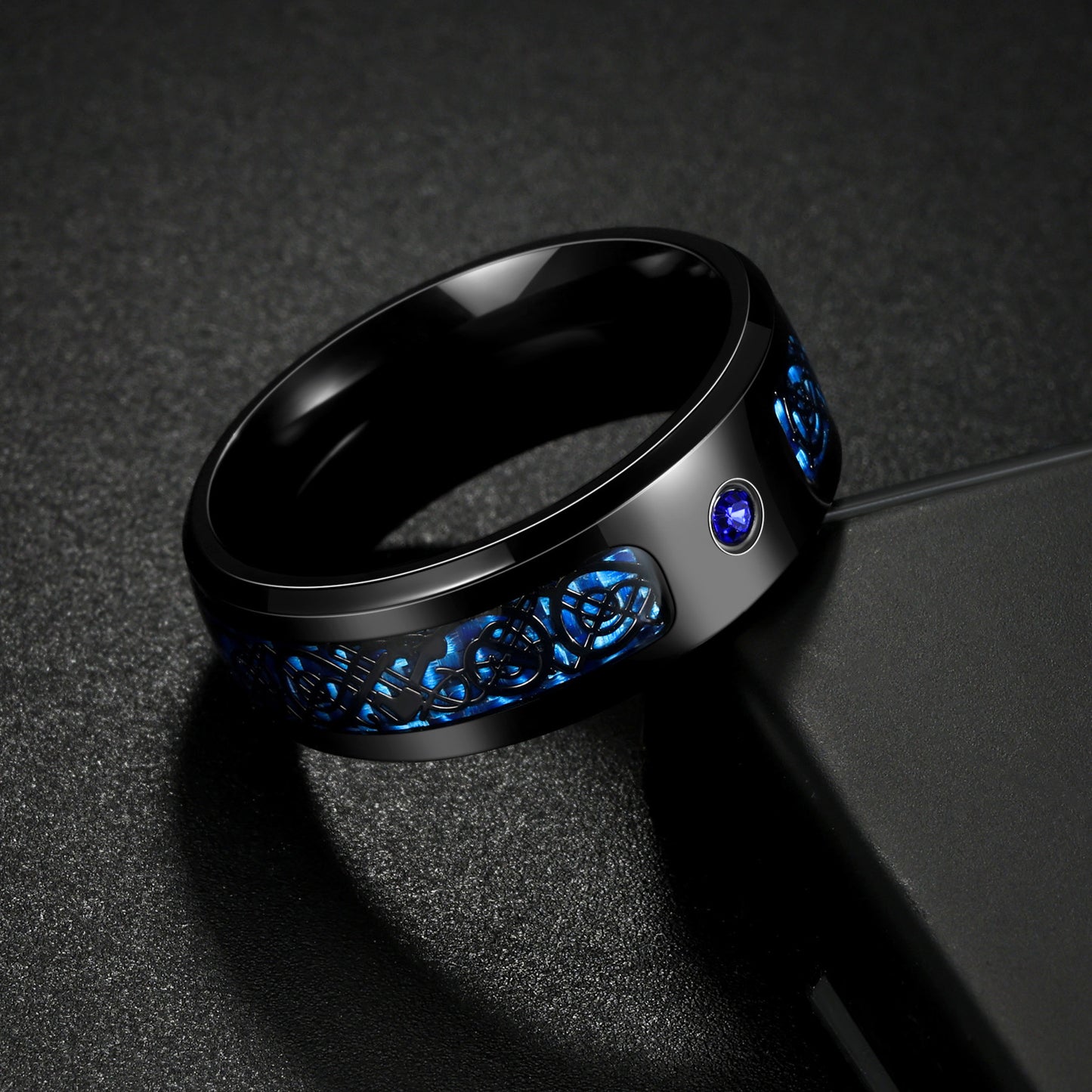 Planderful Dragon Ring for Men Blue Carbon Fiber Zircon