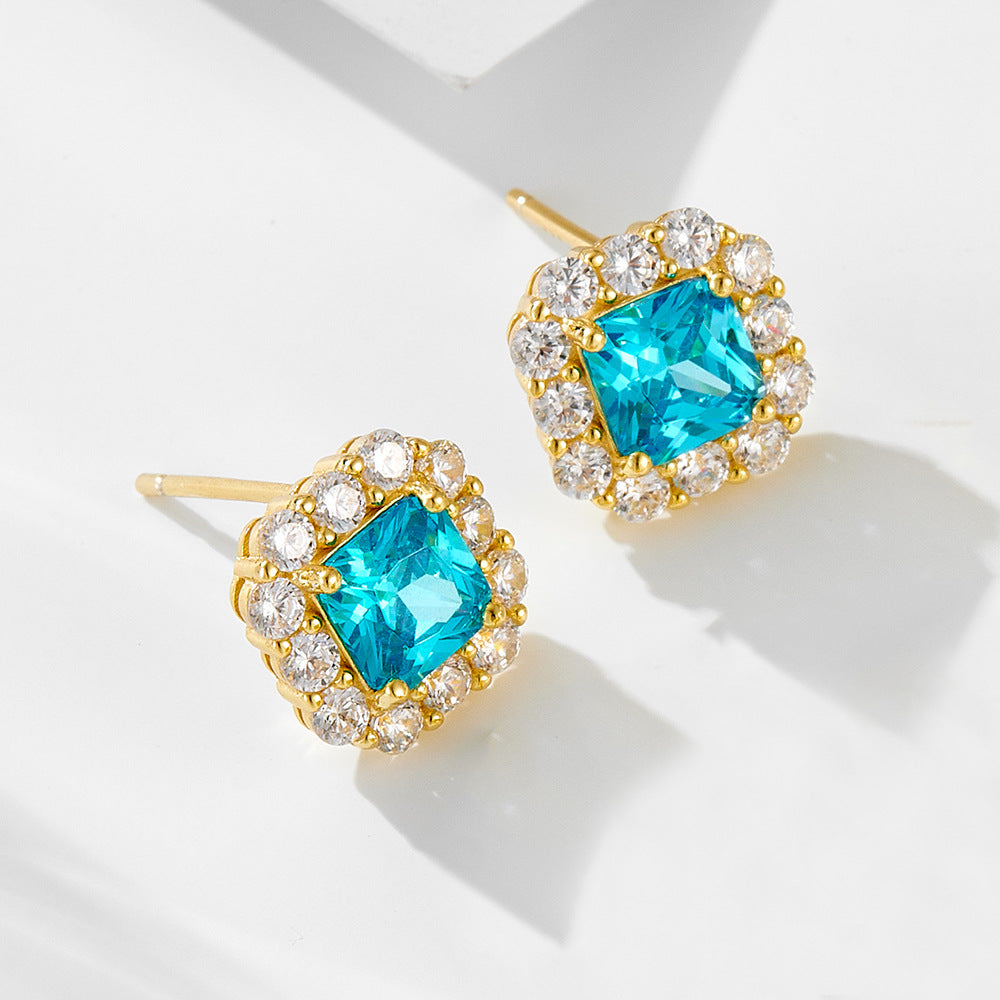 Color Gemstone Stud Earrings S925 Sterling Silver Earrings High-End Square Zircon Earrings Jewelry.