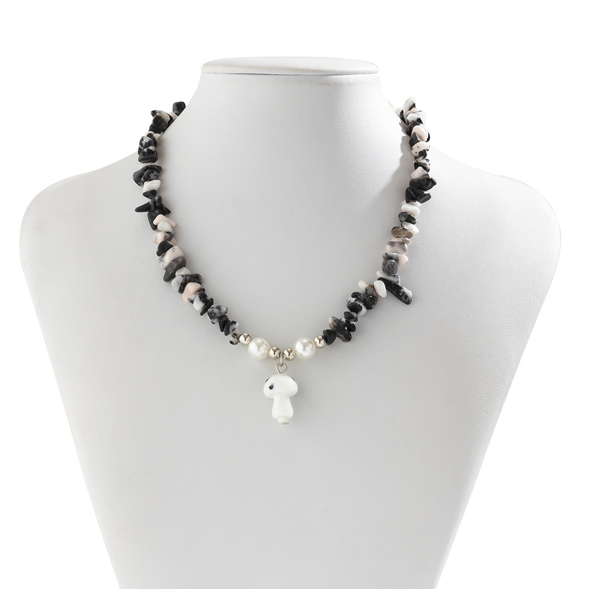 Colorful Irregular Gravel Clavicle Necklace with Dainty Mushroom Pendant