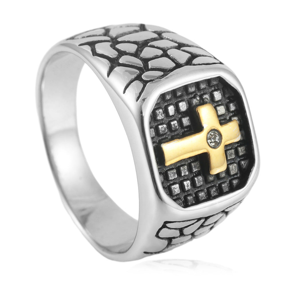 Trendy Retro Titanium Steel Men's Cross and Square Ring Collection