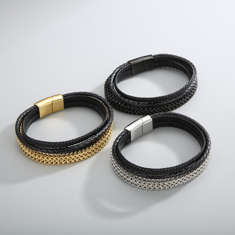 Planderful Men Titanium Steel Chain Cowhide Bracelet Genie