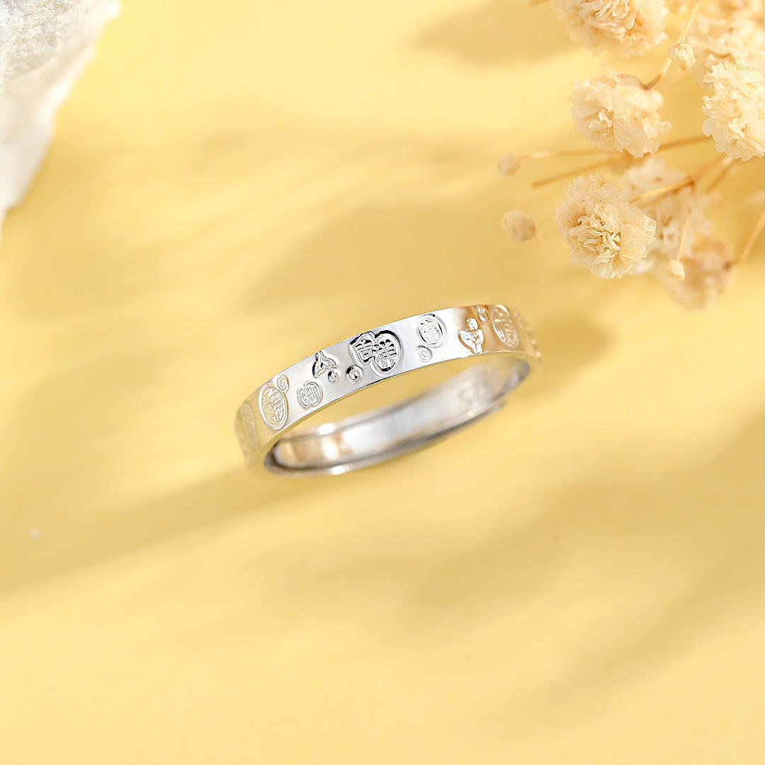 Planderful Sterling Silver Ring For Women Auspicious Chinese Style Adjustable Opening Band Fortune Jewelry