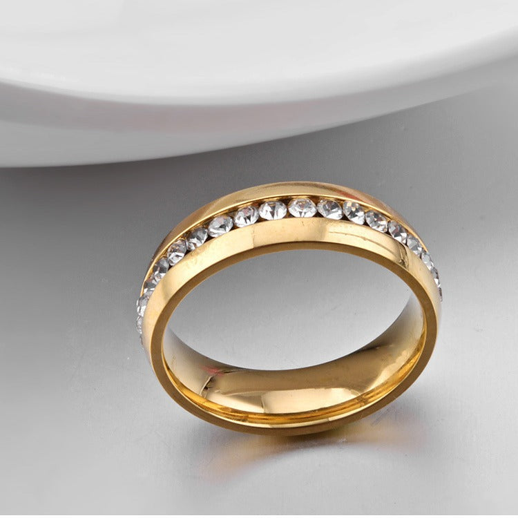 European – American Gold Zircon Ring – Stainless Steel Circumference Pavé Zircon