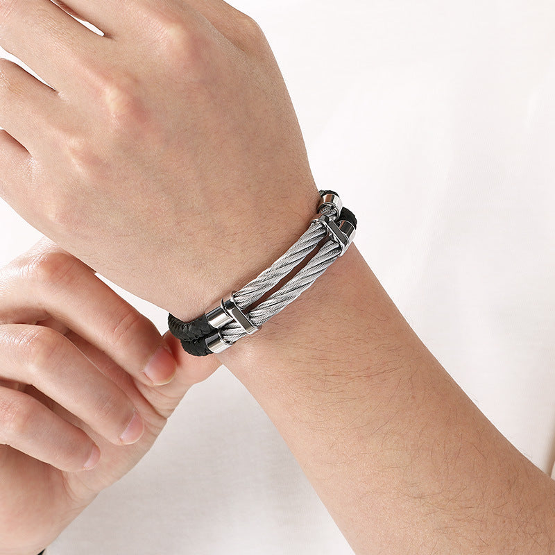 Business Style Black Double Leather Rope Leather Bracelet Layered Stainless Steel