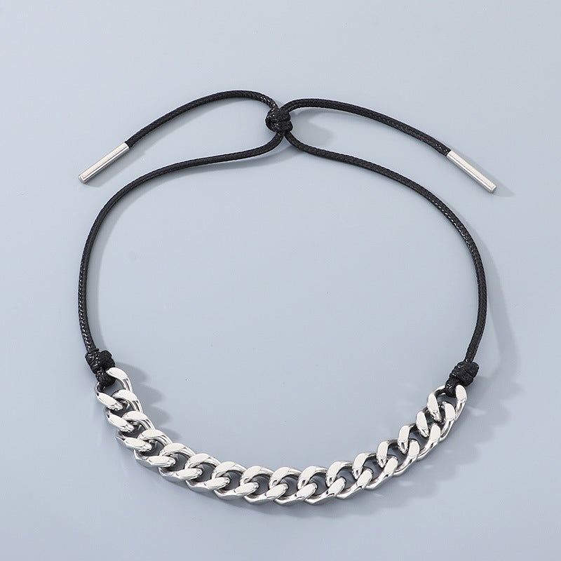 Vintage Necklace, Western Denim Black Wax Rope Splicing Cuban Chain, Long Adjustable Stainless