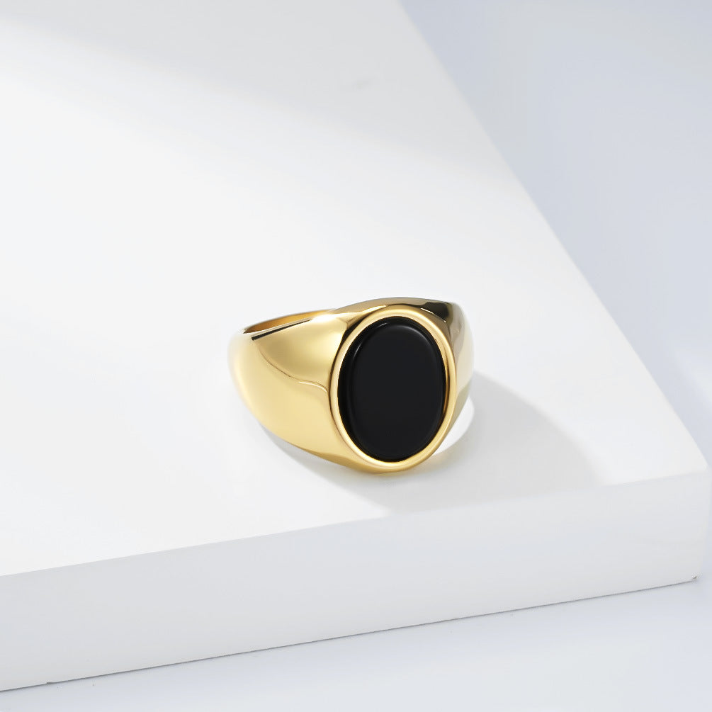 Planderful Titanium Steel Ring For Men Bold Black Stone Oval Geometric Design Everyday Jewelry